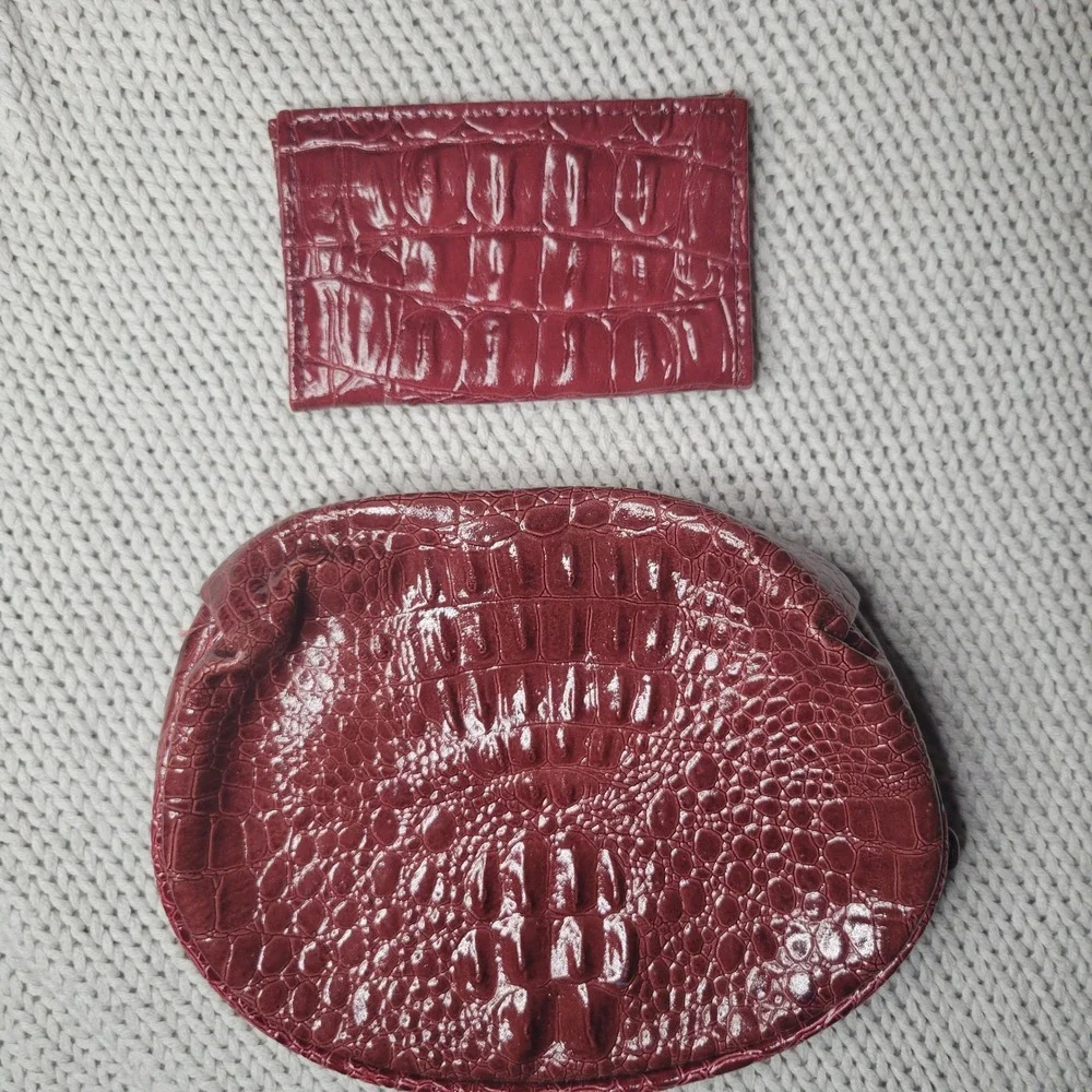 Genuine Leather Burgundy Croc Embossed Coin Pouch and Card Holder Set